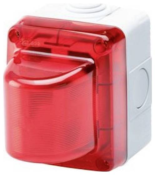 Rote wandmontierte Notfall-Sirenenleuchte mit durchscheinendem Glas und weißer Basis.