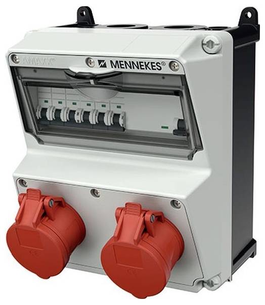 Wandmontierte MENNEKES Elektroverteilbox mit transparentem Deckel, Leistungsschaltern im Inneren und zwei roten Industrie-Steckdosen an der Vorderseite.