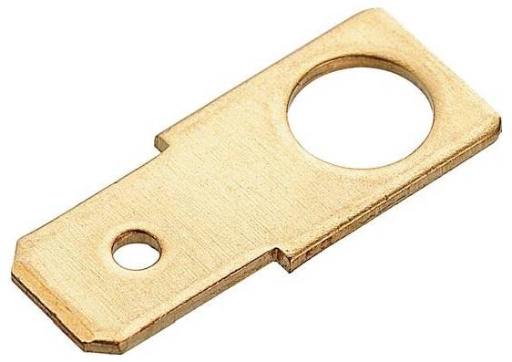 Kupferfarbige Metallkontaktplatte mit einem großen Kreisloch und einem kleinen Befestigungsloch.
