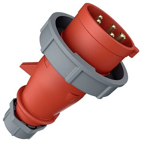 Roter Industriestromstecker mit grauem Verriegelungskragen, gezeigt auf weißem Hintergrund.