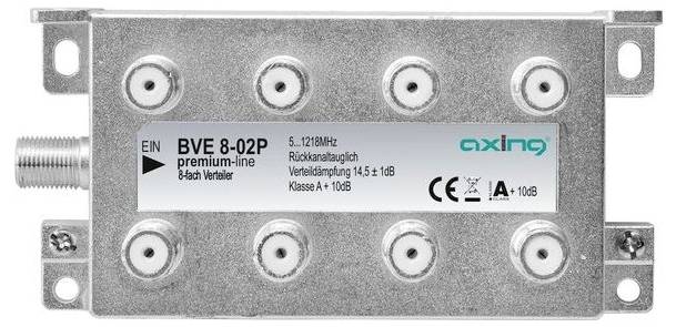 Axing BVE 8-02P 8-Wege-Satellitensignalverteiler mit Koaxialeingabg und acht Ausgängen, gekennzeichnet mit 5-1218 MHz und 10 dB Dämpfung.