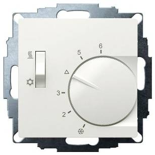 Thermostat-Bedienfeld mit großem Temperaturregler mit Beschriftung von 2 bis 6 und einem vertikalen Heiz-/Kühlschalter mit Sonne- und Schneeflocken-Symbolen.