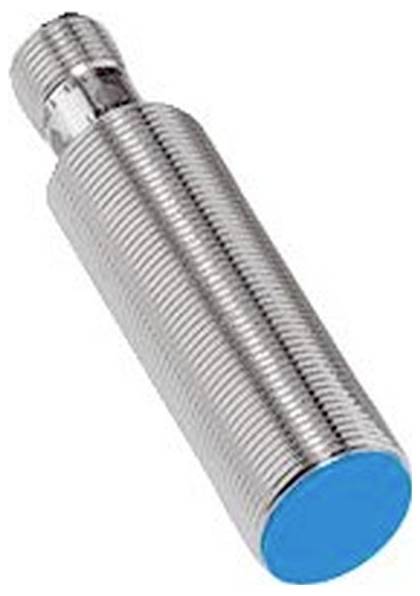 Nahaufnahme eines zylindrischen Metallsensors oder Bolzens mit Gewinde und einer blauen Endkappe, dargestellt auf weißem Hintergrund.