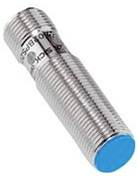 Zylindrischer Metallgewindesensor mit blauer Endkappe, dargestellt auf weißem Hintergrund.