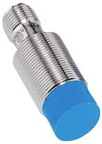 Nahaufnahme eines gewindelten zylindrischen Metallsensors oder Bolzens mit einer blauen Kunststoffendkappe auf weißem Hintergrund.