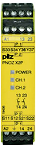 Gelbes PILZ PNOZ X2 Sicherheitsrelaismodul mit Anschlussklemmen A1, A2, 13, 14, 23, 24 und Indikatoren für POWER, CH.1 und CH.2.