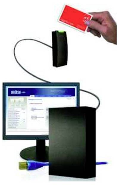 Kontaktloses Kartenlesegerät, das mit einem Computer verbunden ist, mit einer Hand, die eine Karte über dem Lesegerät hält, um die Tap-Authentifizierung zu demonstrieren.