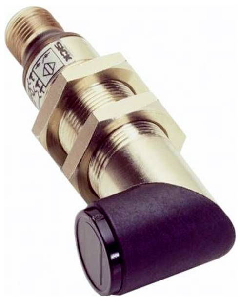Messing-Gewindesensor oder -anschluss im Industriebereich mit schwarzem Winkelstecker, isoliert auf weißem Hintergrund dargestellt.