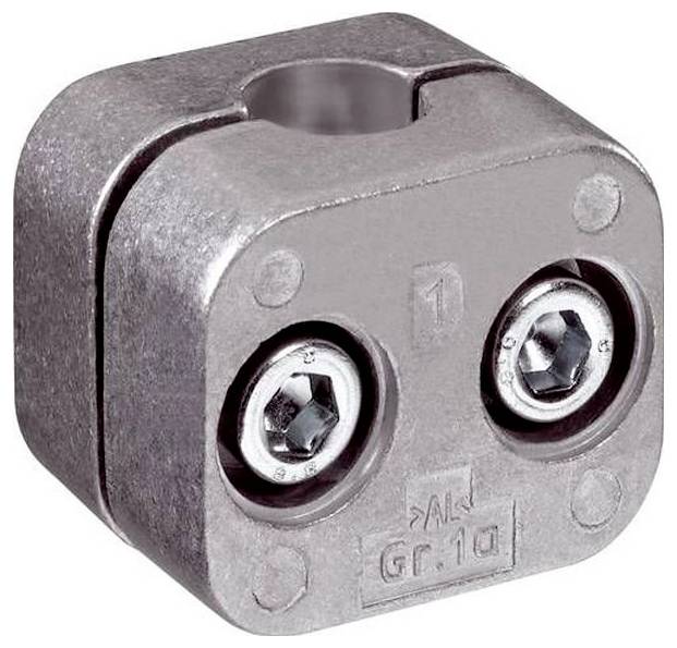 Metallische Kupplungsblock mit zwei Sechskantschrauben und einem zentralen Loch, dargestellt auf weißem Hintergrund.