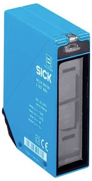 Blauer SICK-Industriesensor oder -scanner mit schwarzer Frontlinse und gedrucktem Etikett auf der Seite.