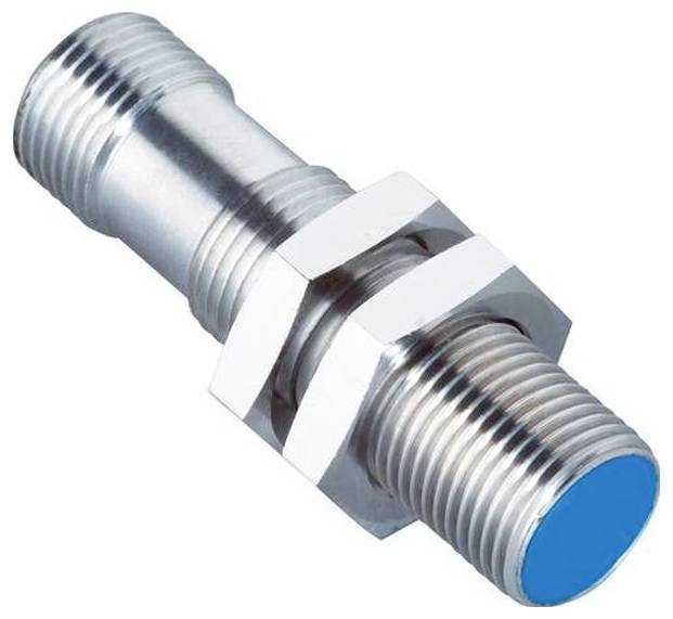 Metallischer Gewindezylinder-Verschraubung mit sechskantiger Kontermutter, diagonal auf weißem Hintergrund dargestellt, mit blauer Schutzkappe an einem Ende.