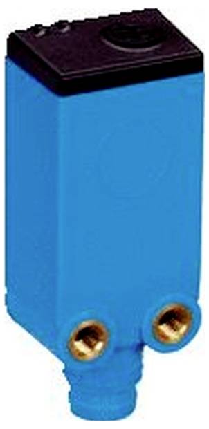 Blaue rechteckige Batterie mit schwarzer Oberseite und zwei Messingklemmen unten.