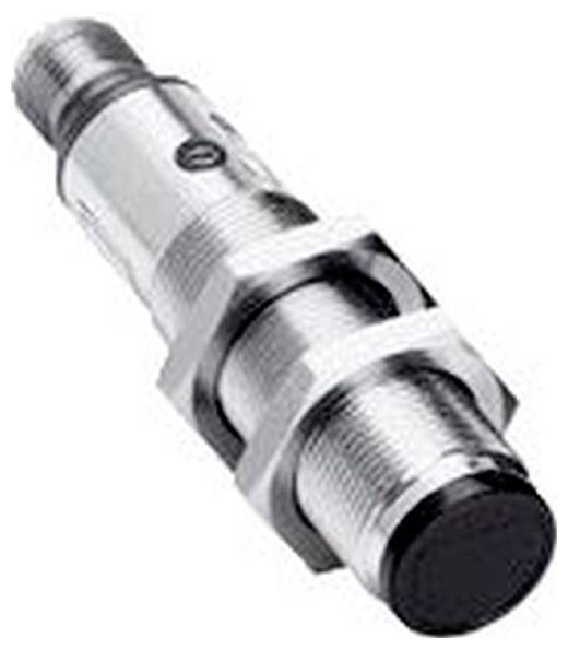 Metallischer zylindrischer Sensor mit Gewinde an den Enden und schwarzer Spitze, auf weißem Hintergrund dargestellt.