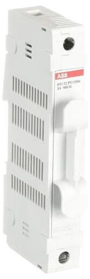 Weißes ABB-DIN-Schienen-Elektromodul mit beschrifteter Vorderseite und Schraubklemmen, Seitenansicht auf einfachem Hintergrund.