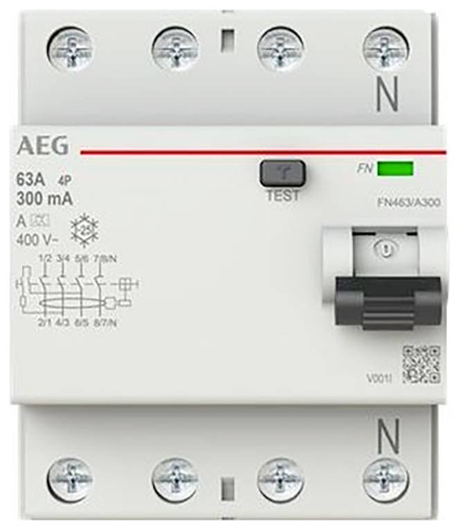AEG 4-poliger 63A 300 mA Fehlerstromschutzschalter mit TEST-Taste, grünem Anzeigelampe und Ein-/Ausschalter.