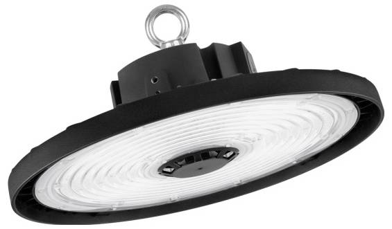 Schwarzte industrielle LED-Hallentiefstrahler mit Aufhängestift, von unten auf weißem Hintergrund abgebildet.