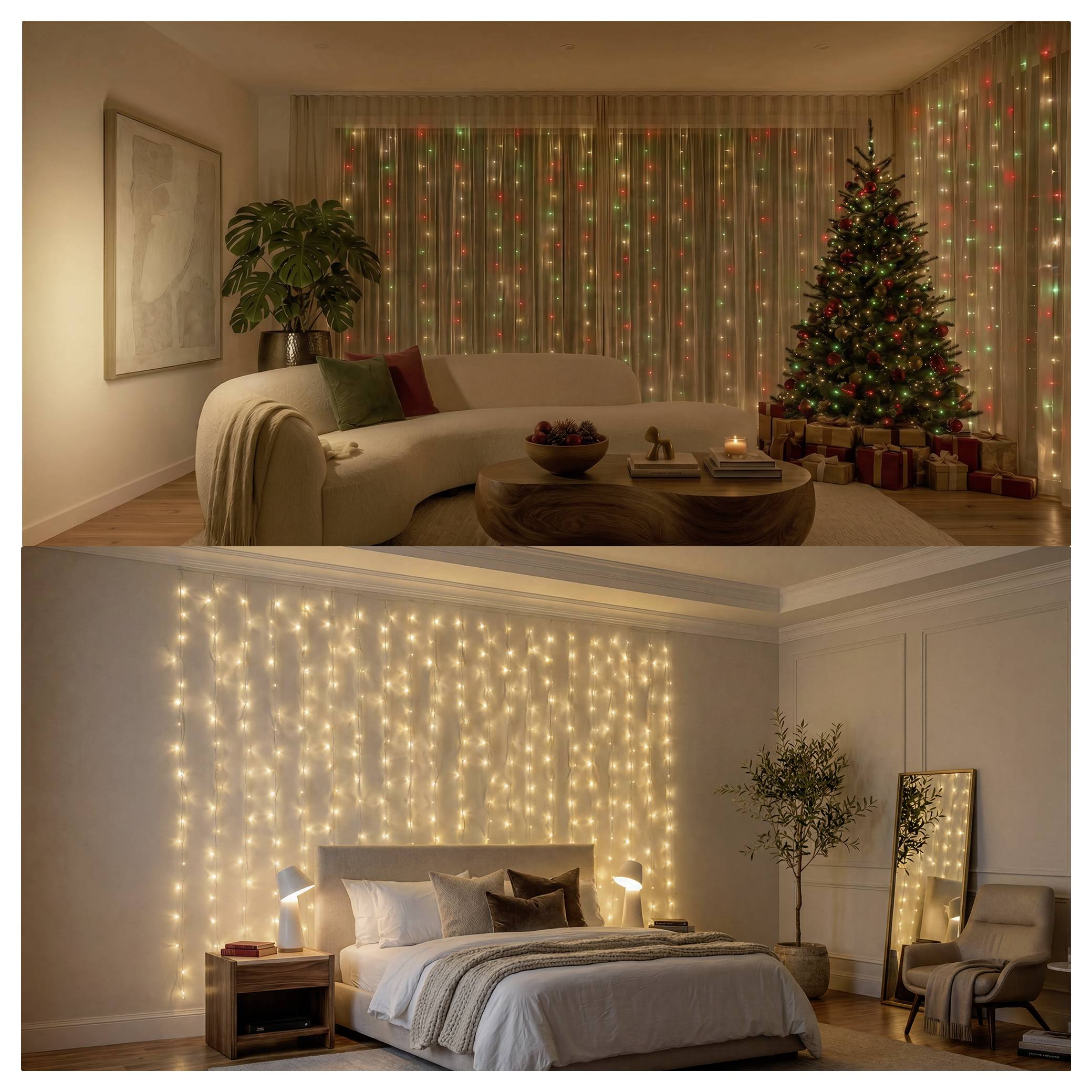 Geteiltes Bild: Oben ist ein gemütliches Wohnzimmer mit einem beleuchteten Weihnachtsbaum und Geschenken zu sehen; unten ein Schlafzimmer mit Lichterketten, die hinter dem Bett leuchten.