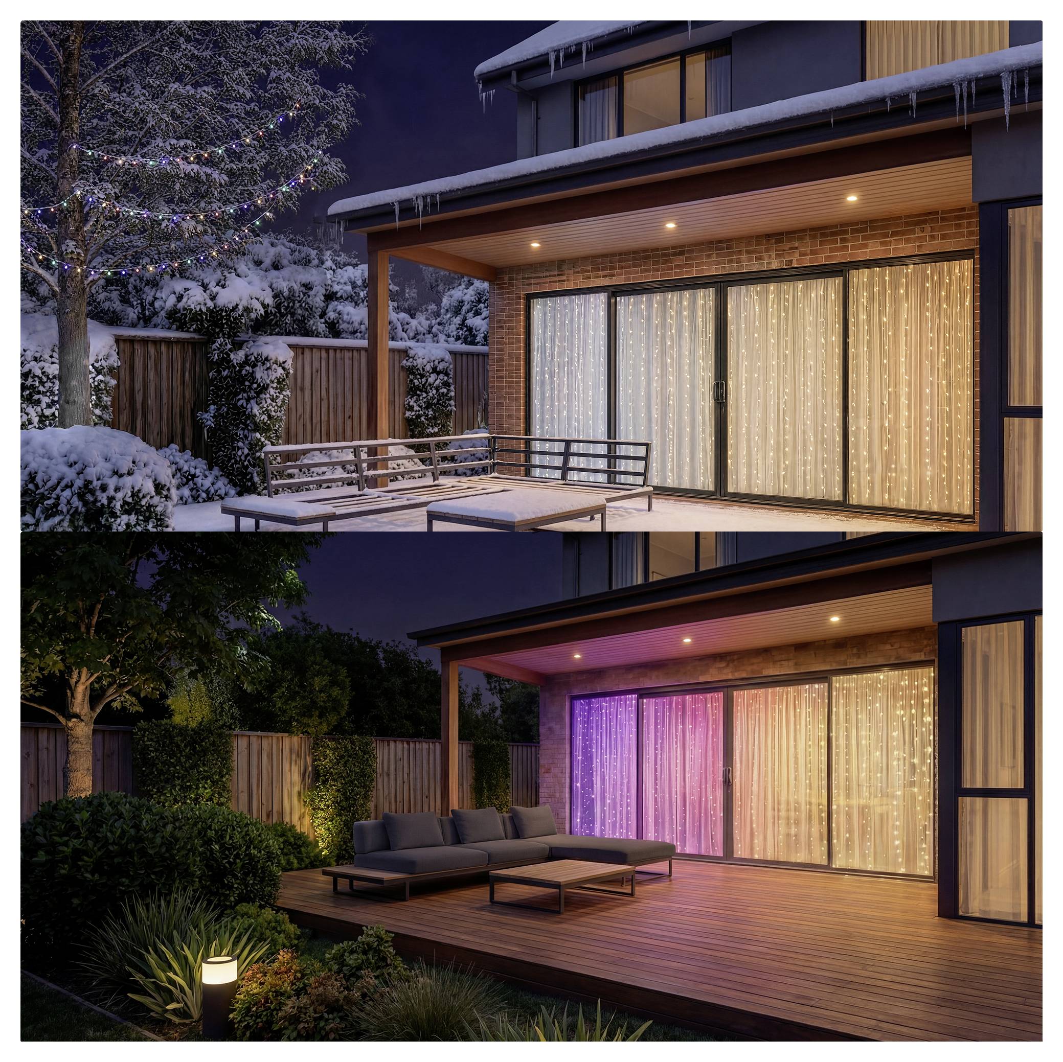Geteiltes Bild, das einen Hinterhof-Patio vorher und nachher mit Beleuchtung zeigt; die untere Szene zeigt ein warmes, beleuchtetes Deck mit Außensofa und farbigen Vorhängen bei Nacht.