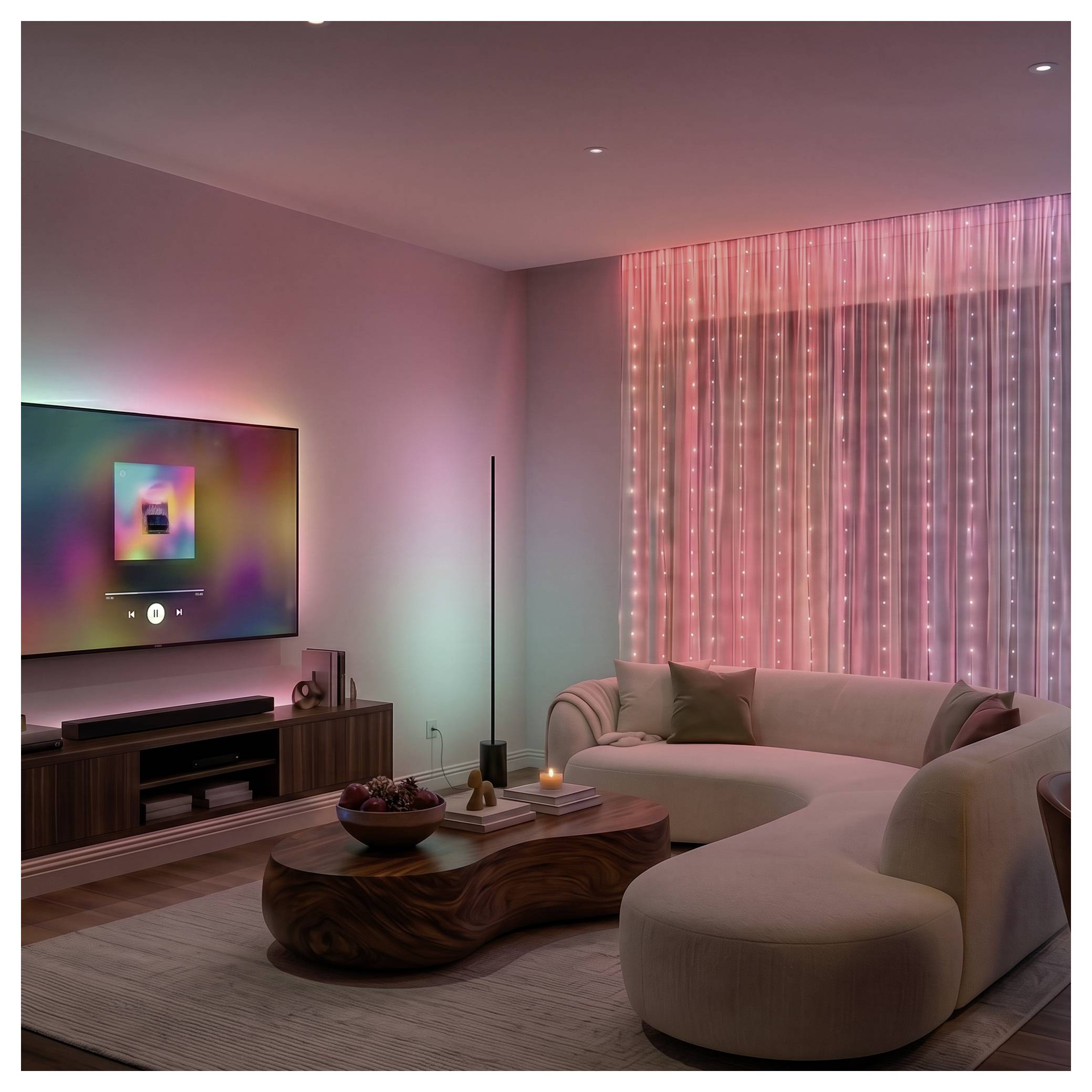 Ein modernes Wohnzimmer mit einem gebogenen beigefarbenen Ecksofa, Holz-Couchtisch, an der Wand montiertem Fernseher und rosa beleuchteten durchsichtigen Vorhängen.
