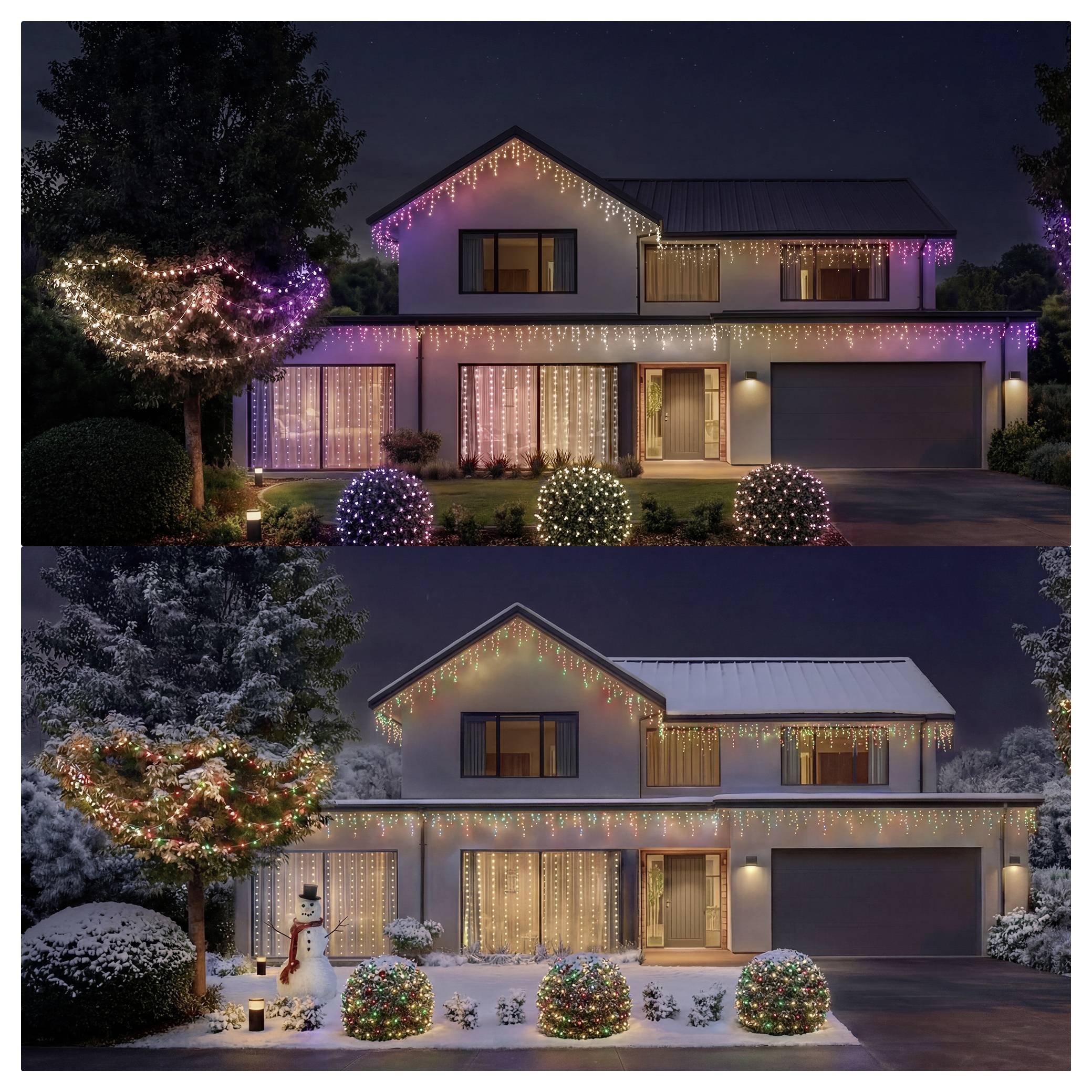 Vorher-und-Nachher-Winterhausdekoration: Ein zweistöckiges Haus mit rosa Lichtern auf dem oberen Bild und bunten Weihnachtslichtern, Schnee und einem Schneemann auf dem unteren Bild.