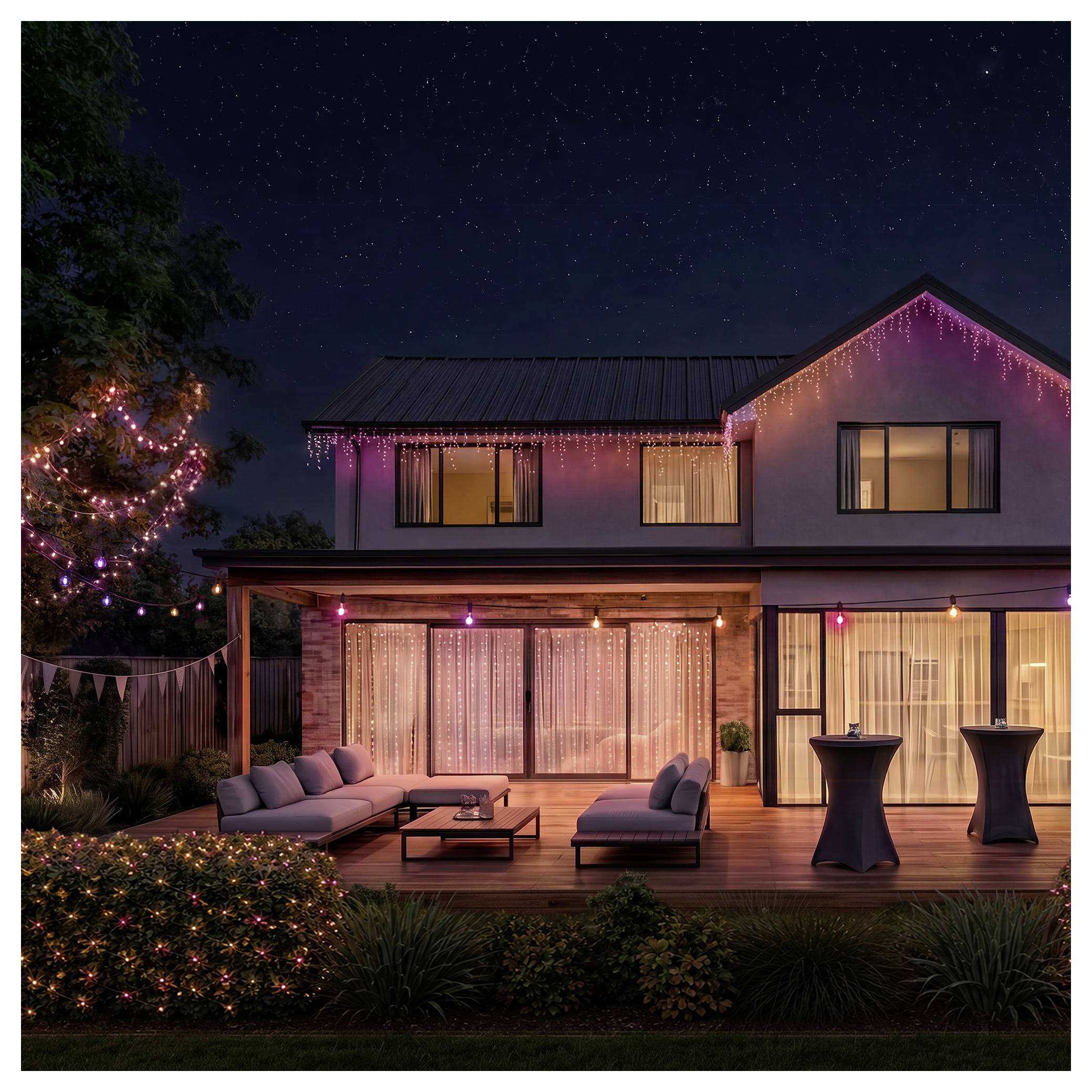 Zweistöckiges Haus bei Nacht mit rosa Weihnachtslichtern, beleuchteter Terrasse, Außensitzplätzen und zwei hohen Cocktailtischen im Hinterhof.