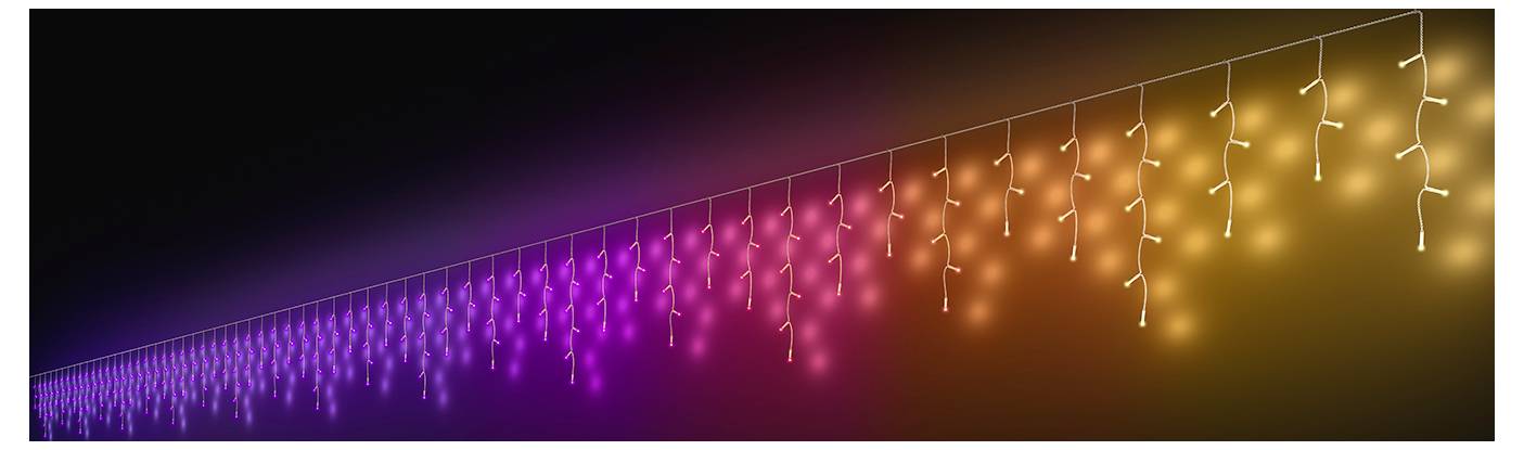 Abstrakte Grafik von hängenden Lichterketten, die sich über einen dunklen Hintergrund von Violett zu Orange abfaden und eine leuchtende diagonale Linie bilden.