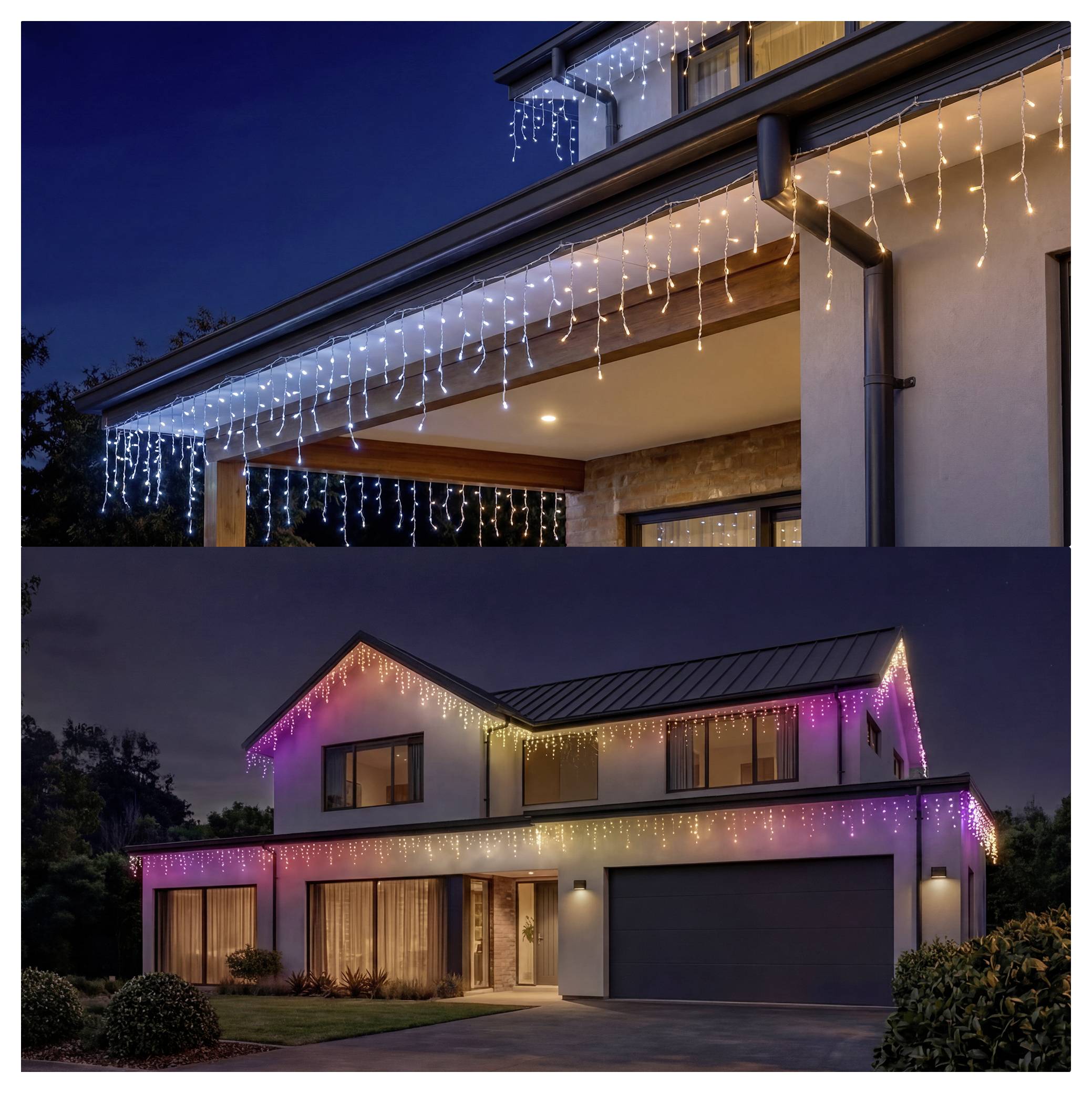 Zwei Ansichten eines Hauses, das mit hängenden Eiszapfen-Lichterketten entlang der Dachkante und der Veranda dekoriert ist, die nachts in Weiß, Rosa und Violett leuchten.