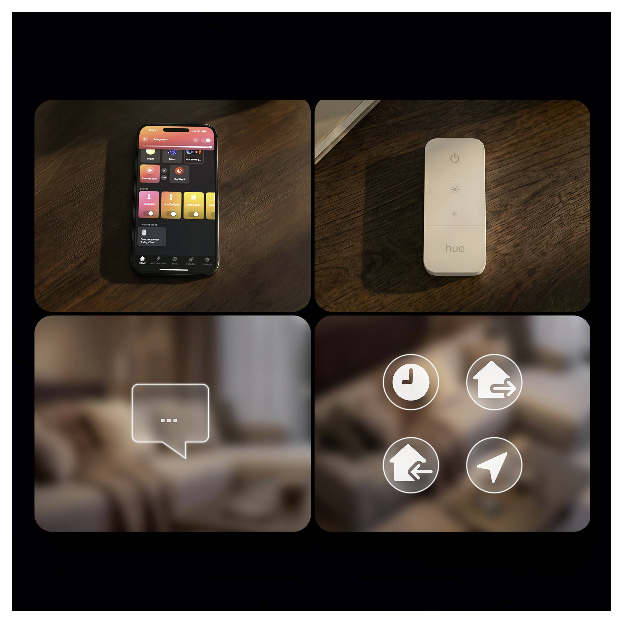 Vier-Panel-Collage mit einer Smartphone-Smart-Home-App, einer Philips-Hue-Fernbedienung und schwebenden Steuersymbolen über einem unscharfen Wohnzimmerhintergrund.