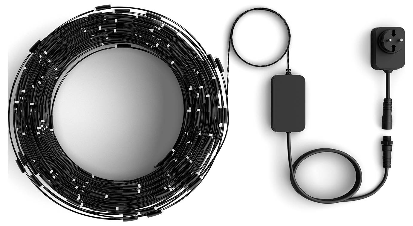Aufgerolltes schwarzes Kabel mit Inline-Modul und Stecker, dargestellt neben einem ordentlich geschlungenen Ende vor weißem Hintergrund.