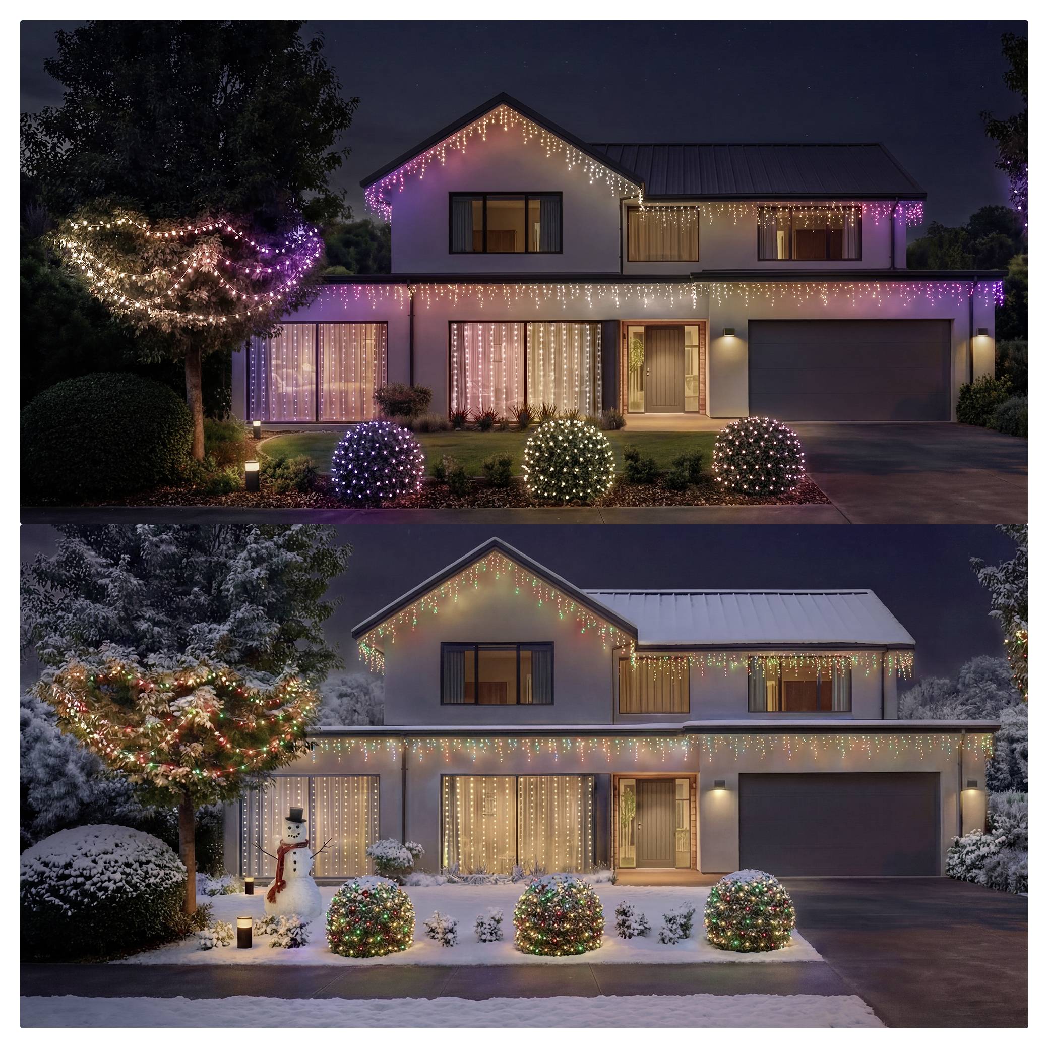 Geteiltes Bild eines Einfamilienhauses in einem Vorort, das nachts im Schnee weihnachtlich geschmückt ist, mit farbigen Lichterketten, beleuchteten Sträuchern und einem Schneemann in der unteren Szene.