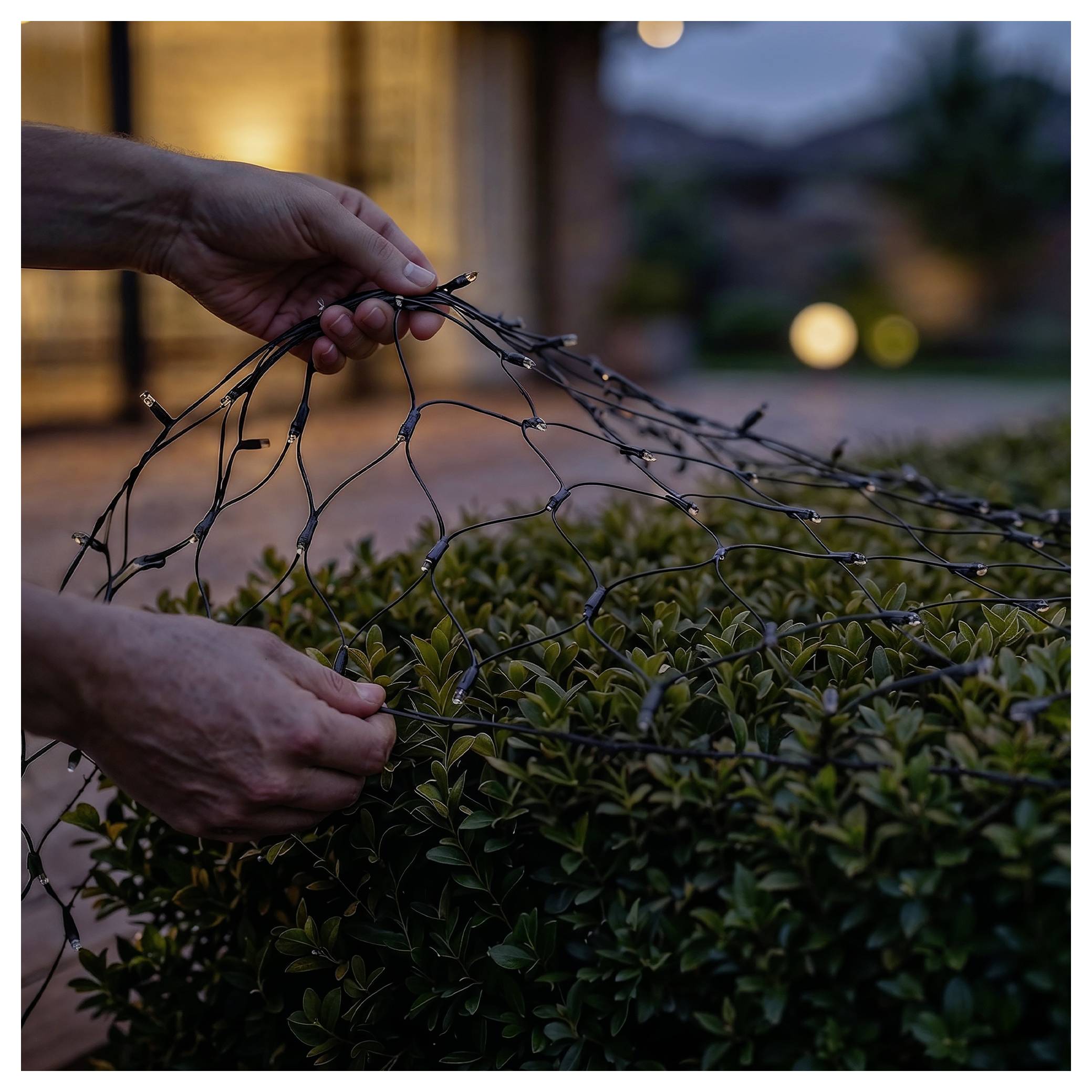 Hände drapieren und befestigen eine Lichterkette über einer gestutzten Hecke im Freien in der Dämmerung, mit einem sanft beleuchteten Haus im Hintergrund.