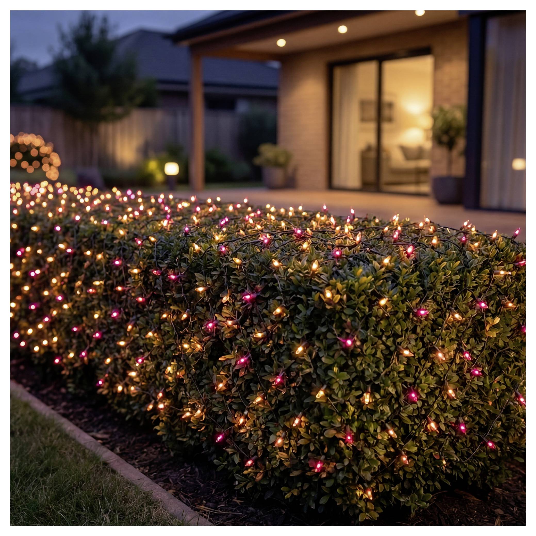 Outdoor-Hecke mit kleinen rosa und orangen Lichterketten neben einem modernen Haus in der Dämmerung, die festliche Landschaftsbeleuchtung schafft.
