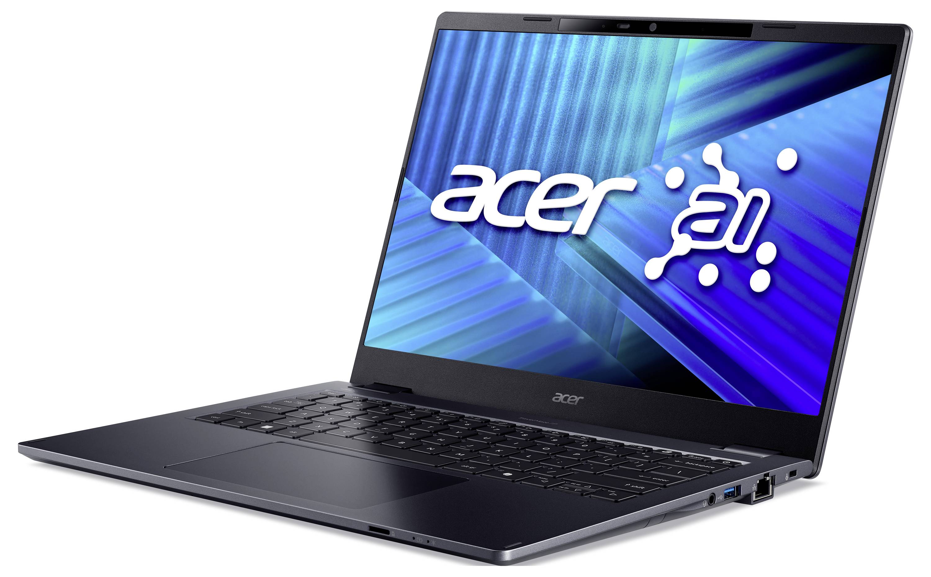 Acer-Laptop, der in einem Winkel geöffnet angezeigt wird und das Acer-Logo sowie arabischen Text auf einem blauen Bildschirm anzeigt.