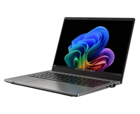 Silberner Laptop, schräg geöffnet, zeigt eine farbenfrohe abstrakte Windows-ähnliche Tapete auf dem Bildschirm.