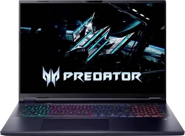 Ein Gaming-Laptop der Marke Predator mit RGB-Tastatur und dunklem Bildschirm, auf dem das 'PREDATOR'-Logo angezeigt wird.