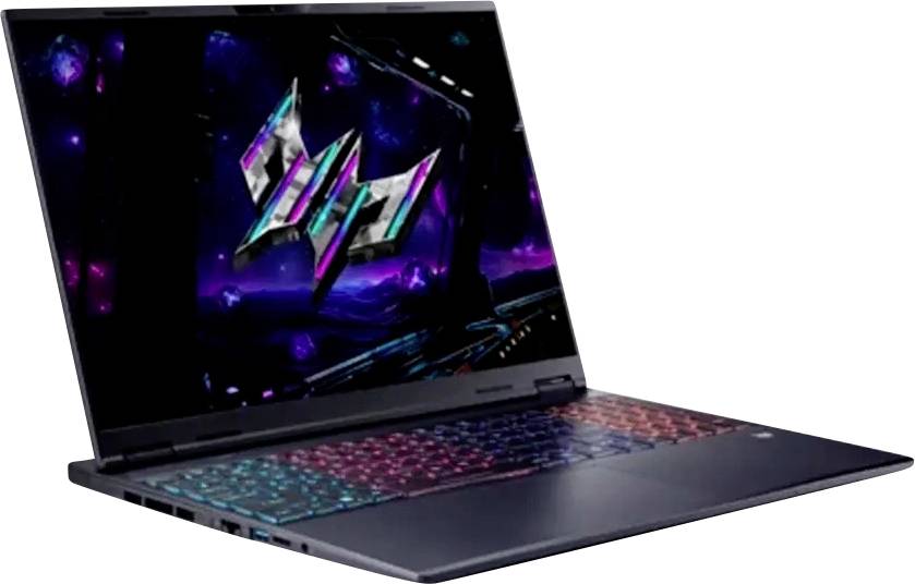 Gaming-Laptop mit RGB-beleuchteter Tastatur und violettem Neon-abstraktem Hintergrundbild auf dem Bildschirm, in schrägem Blickwinkel gezeigt.