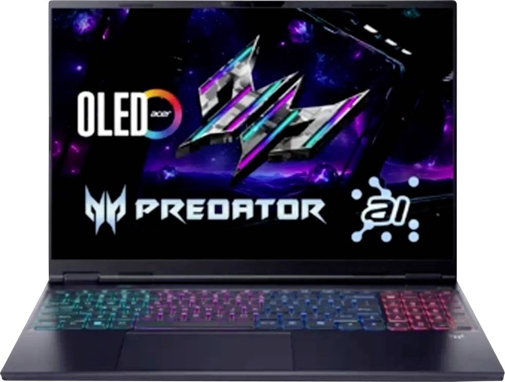 Acer Predator Laptop mit OLED-Display und RGB-beleuchteter Tastatur, aufgeklappt auf einem dunklen Gaming-Bildschirm mit Predator- und KI-Branding.