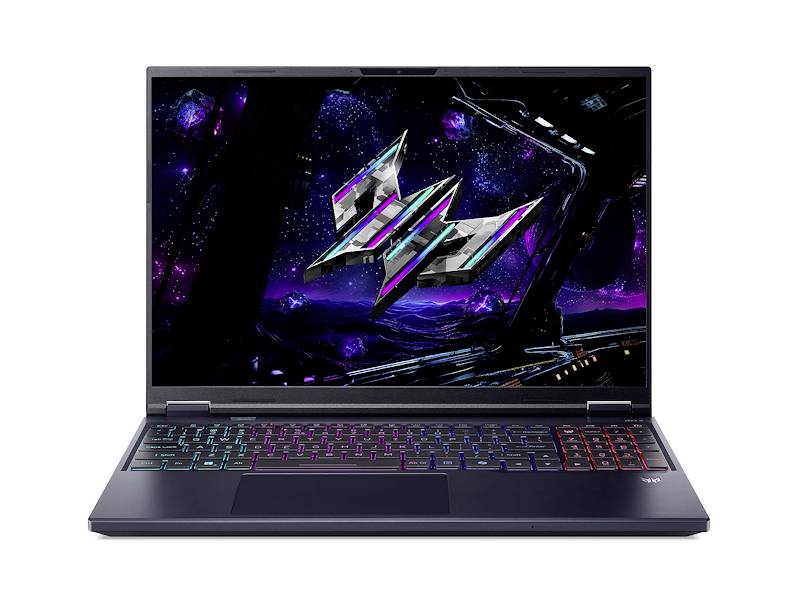 Gaming-Laptop mit RGB-beleuchteteter Tastatur und einem leuchtenden Science-Fiction-Grafikdesign auf dem Bildschirm.