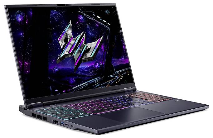 Offener Gaming-Laptop mit RGB-Tastatur und futuristischem violettem Weltraum-Theme auf weißem Hintergrund.