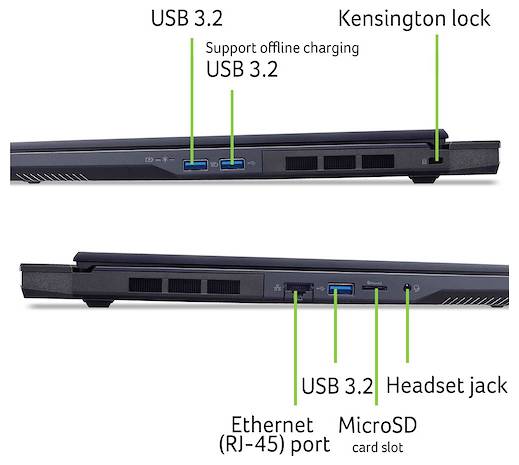 Kommentierte Seitenansichten von Laptops zeigen Anschlüsse und Steckplätze: USB 3.2, Offline-Ladefähigkeit USB 3.2, Kensington-Sperren, Ethernet (RJ-45), MicroSD-Kartensteckplatz und Kopfhörerbuchse.