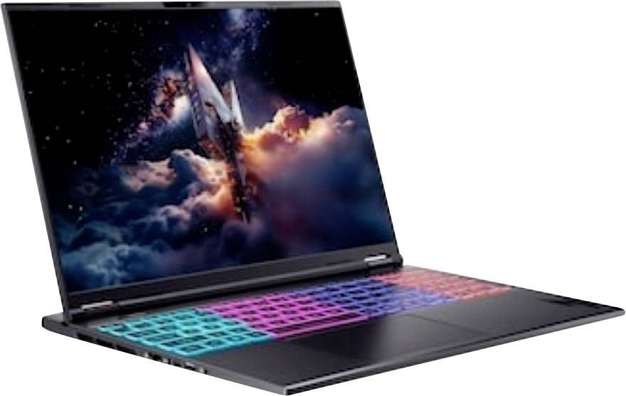 Offener Gaming-Laptop mit RGB-beleuchterter Tastatur, der eine Science-Fiction-Raketenszene auf dem Bildschirm anzeigt, auf weißem Hintergrund dargestellt.