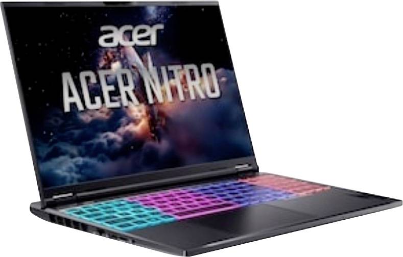 Acer Nitro Gaming-Laptop mit beleuchter RGB-Tastatur und Bildschirm, der das Acer Nitro-Logo anzeigt.