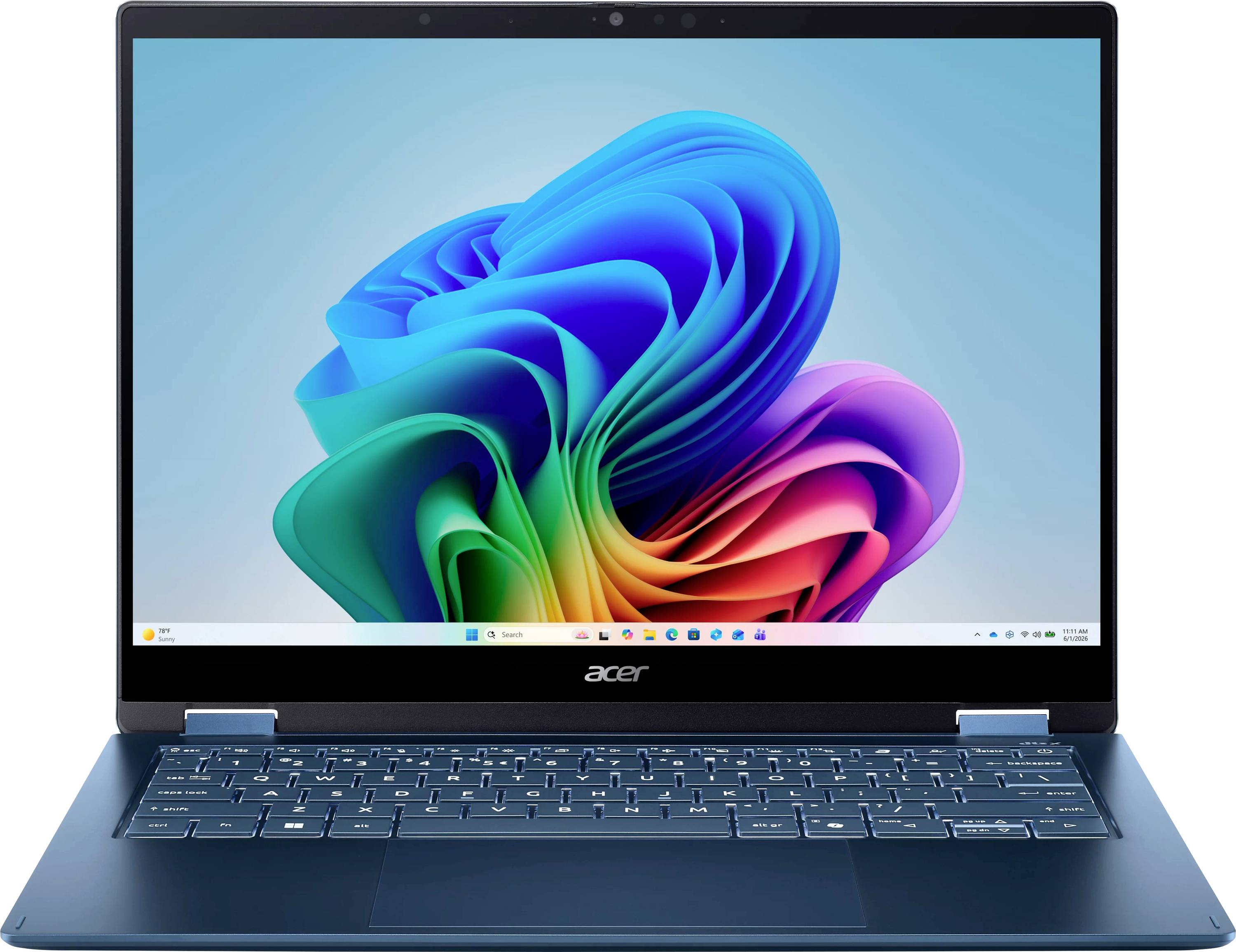 Ein blauer Acer-Laptop, der geöffnet ist und Windows 11 auf dem Bildschirm anzeigt, mit einem farbenfrohen abstrakten Blumenhintergrundbild.