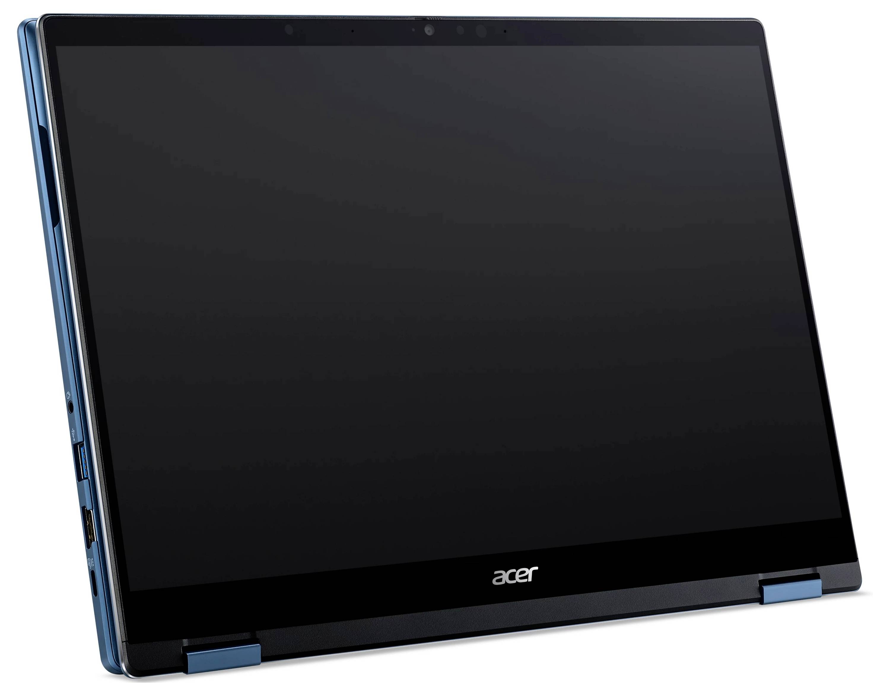 Acer-Laptop geschlossen gezeigt, mit schwarzem Bildschirm und blauen Akzenten auf weißem Hintergrund.