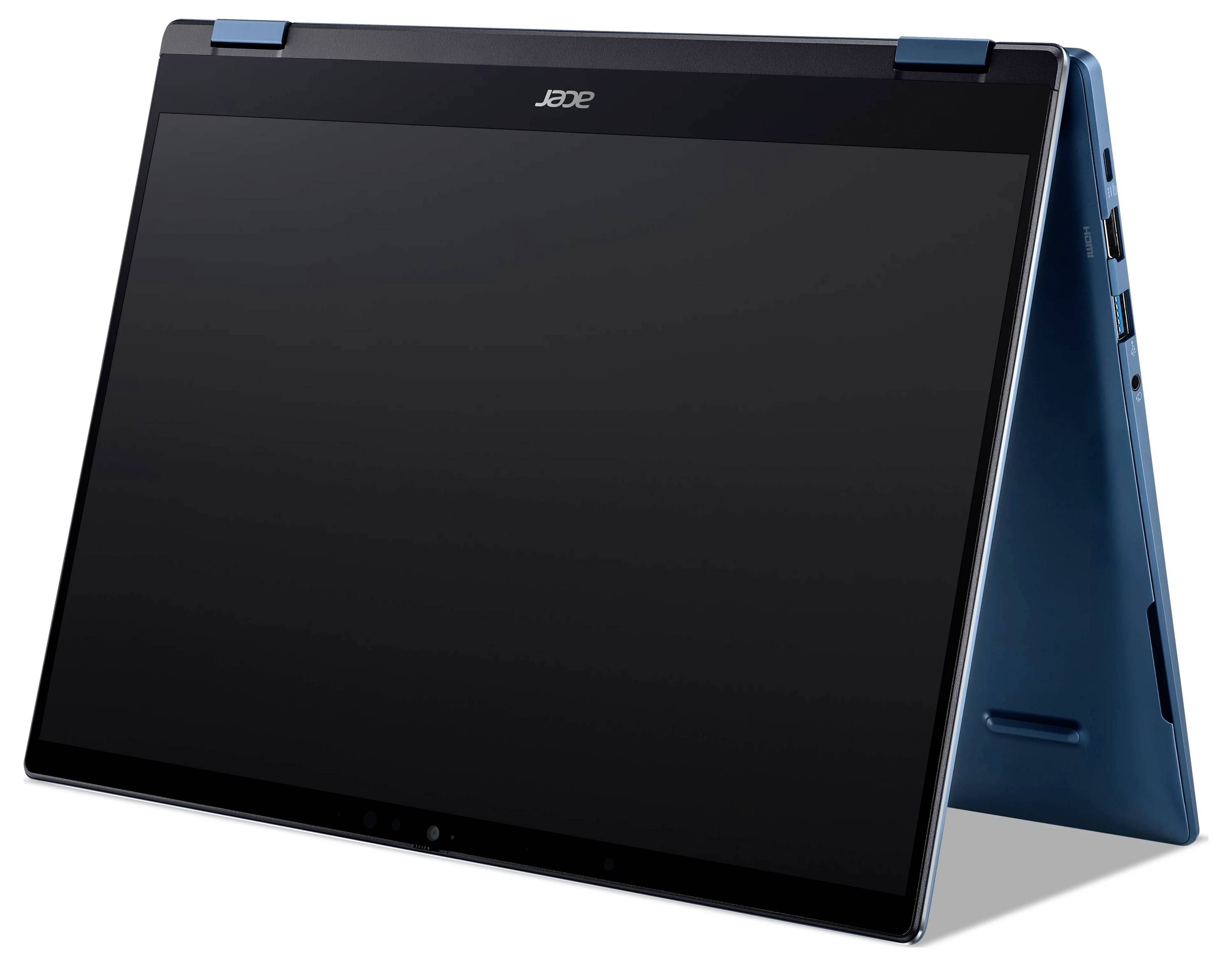 Geschlossener Acer-Laptop im Zeltmodus, zeigt einen schwarzen Bildschirm und blaue Rückseite auf weißem Hintergrund.
