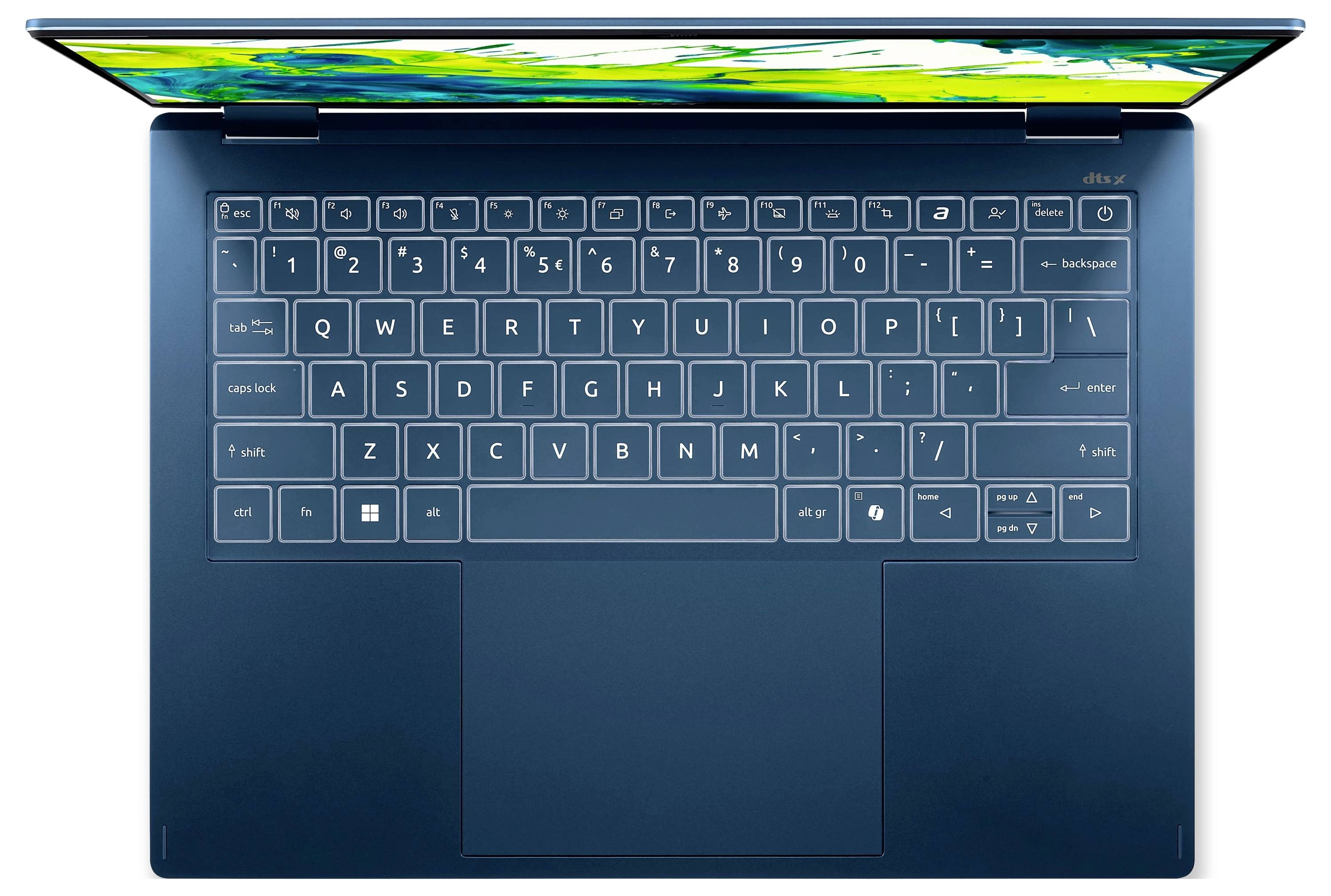 Draufsicht auf einen offenen blauen Laptop, der die Tastatur, das große Touchpad und die leuchtend grüne Displaykante zeigt.