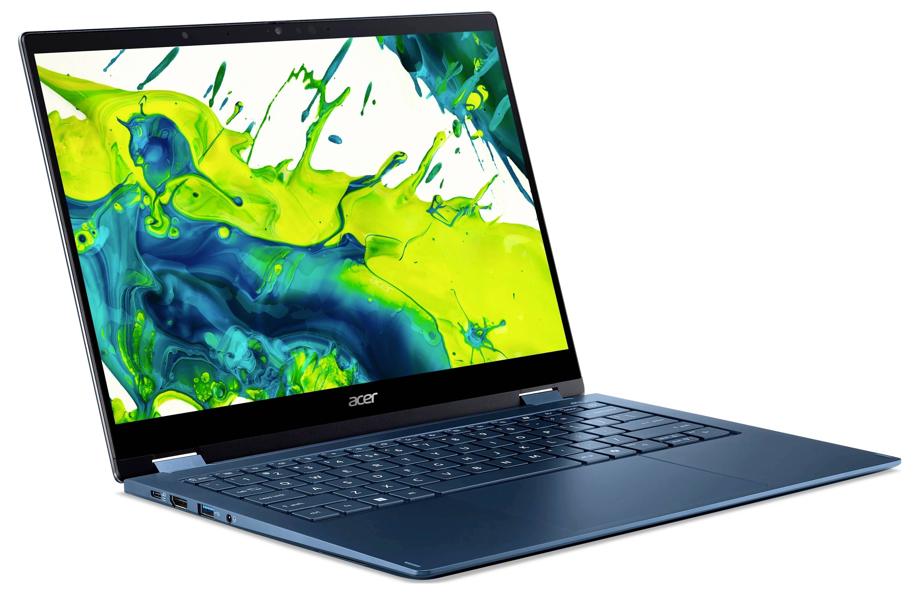 Offener Acer-Laptop mit blauer Tastatur, auf dem ein helles grünes und blaues abstraktes Spritzenmuster auf dem Bildschirm angezeigt wird.