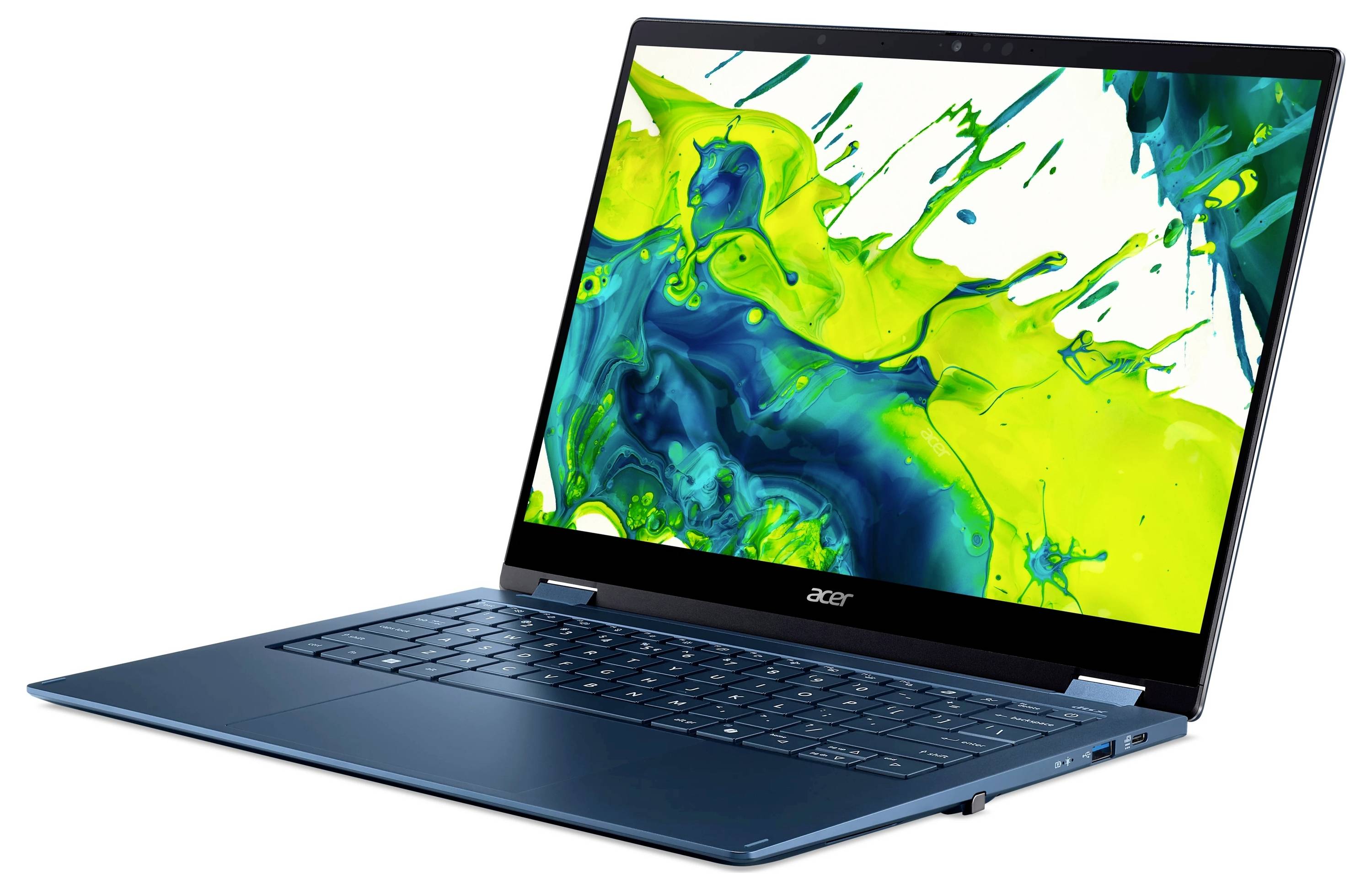 Blauer Acer-Laptop, der auf weißem Hintergrund geöffnet ist und einen leuchtend grünen und blauen abstrakten Bildschirm zeigt.
