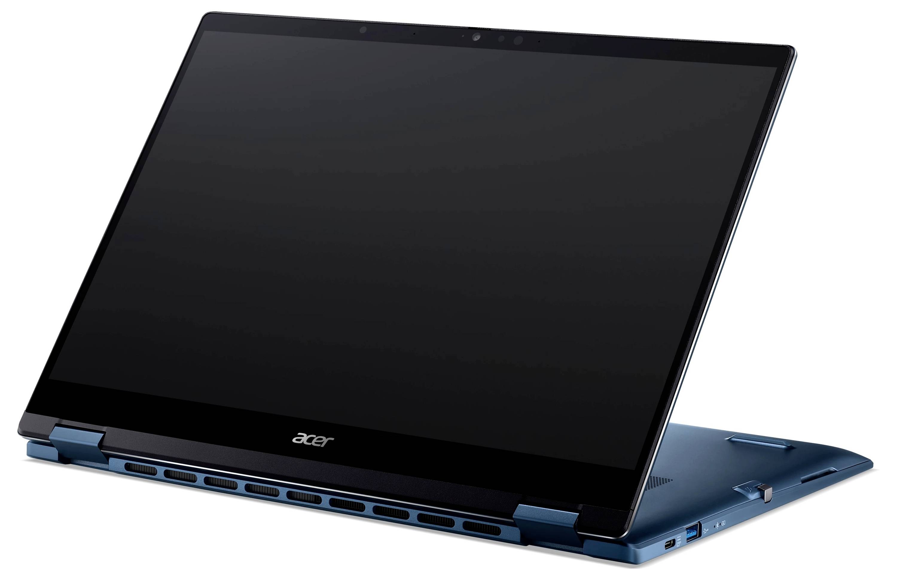 Blauer Acer-Laptop in geöffneter Position in Schrägansicht mit leerem schwarzem Bildschirm auf weißem Hintergrund.
