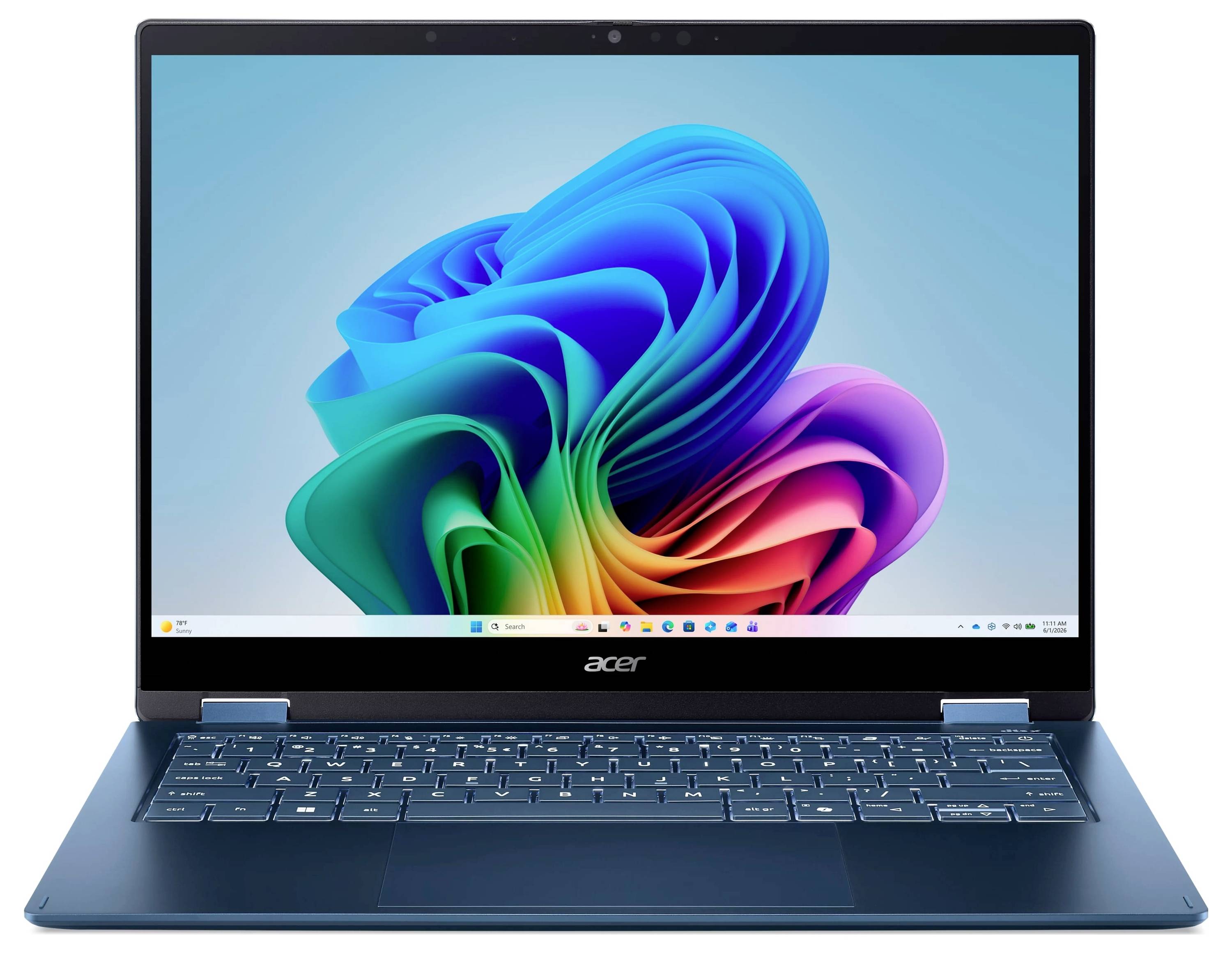 Acer-Laptop auf weißem Hintergrund, zeigt ein buntes abstraktes Windows-Desktop-Hintergrundbild auf dem Bildschirm.